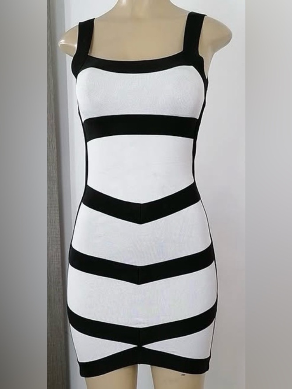 bebe Vintage Black and White Striped Mini Bodycon Dress